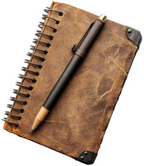 Brown leather notebook with pen on white background
