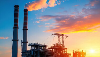 Fototapeta premium A power plant silhouetted against a vibrant sunset, featuring smokestacks emitting steam and electrical towers in the foreground.