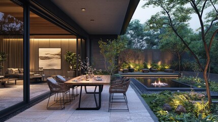 Serene Evening at a Modern Minimalist Home with a Stunning Backyard Oasis