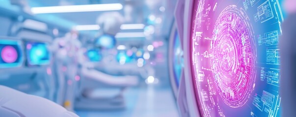 A futuristic laboratory scene featuring advanced technology and glowing digital interfaces in a sleek, sterile environment.