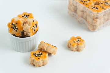 Kue Kacang or peanut cookies. cookies for eid mubarak. Perfect for recipe, article, catalogue, or any commercial purposes. With copy space.