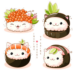 Set of cute cat-shaped sushi and rolls in kawaii style. Japanese traditional cuisine dishes. Can be used for t-shirt print, sticker, greeting card, menu design. Vector illustration EPS8
