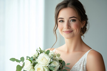 Naklejka premium Bride holding a bouquet with white roses in a simple elegant dress, standing in a bright studio. Perfect for minimalist wedding inspiration, photography, and elegant bridal fashion.