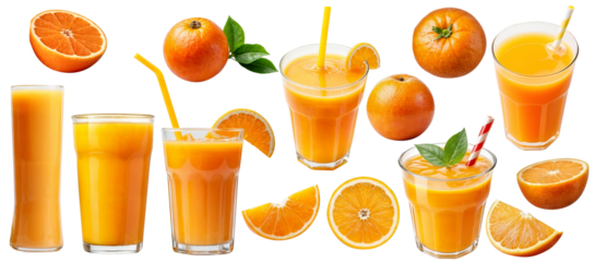 Collection of orange juice in different glasses, orange fruit and orange slices isolated on PNG background