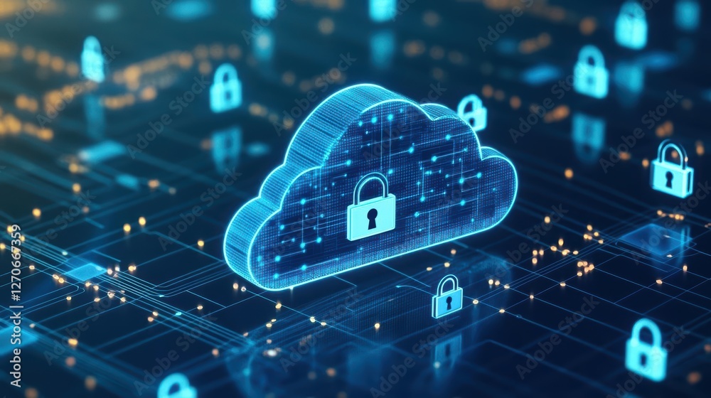 Poster conceptual representation of security with a cloud and lock symbolizing data protection and privacy 