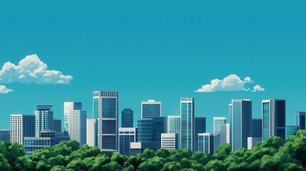 Obraz premium A vibrant city skyline with modern skyscrapers surrounded by lush greenery under a clear blue sky.
