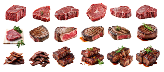 Large collection of various juicy raw, fried, dried pork and beef slices isolated on PNG background