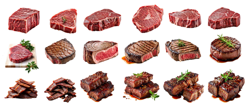 Large collection of various juicy raw, fried, dried pork and beef slices isolated on PNG background
