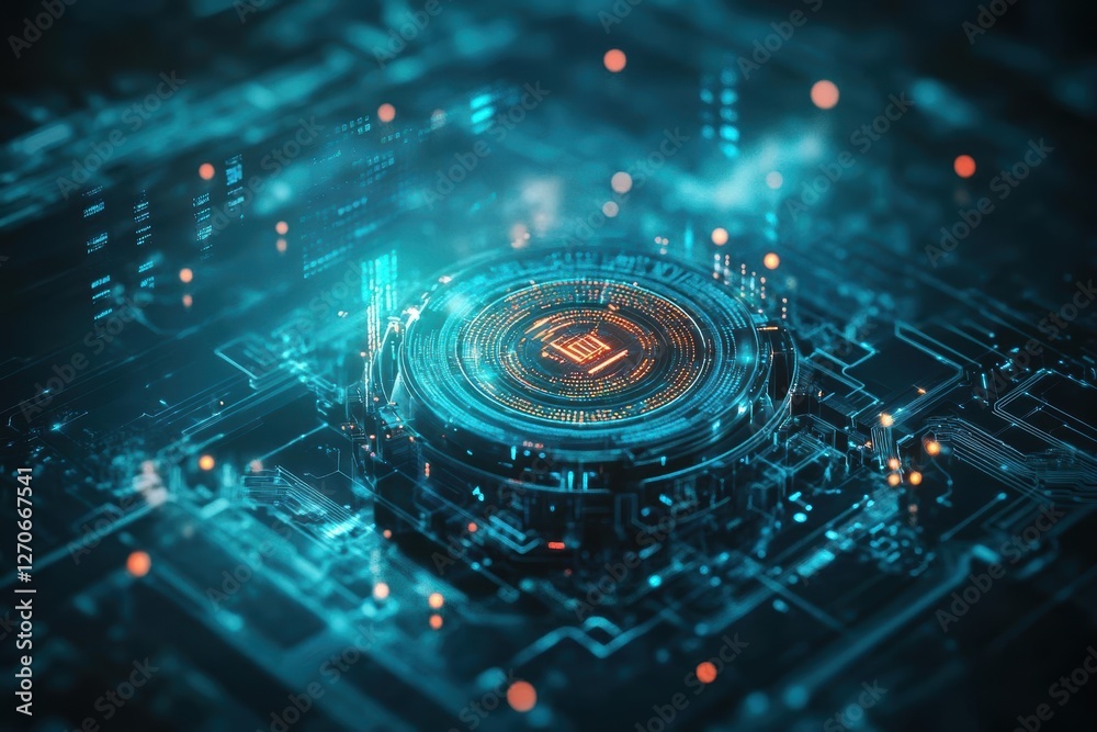 Poster intricate circuit board design featuring central circuit element surrounded by complex pathways and 
