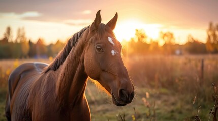 Obraz premium Majestic horse grazing in a field during golden sunset