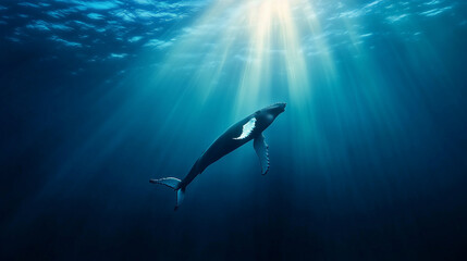 Obraz premium Humpback Whale Breaching Ocean Surface in Dramatic Lighting