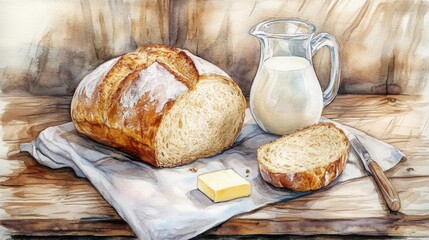 Naklejka premium Rustic Still Life Loaf of Bread, Milk Pitcher, and Butter on Wooden Table