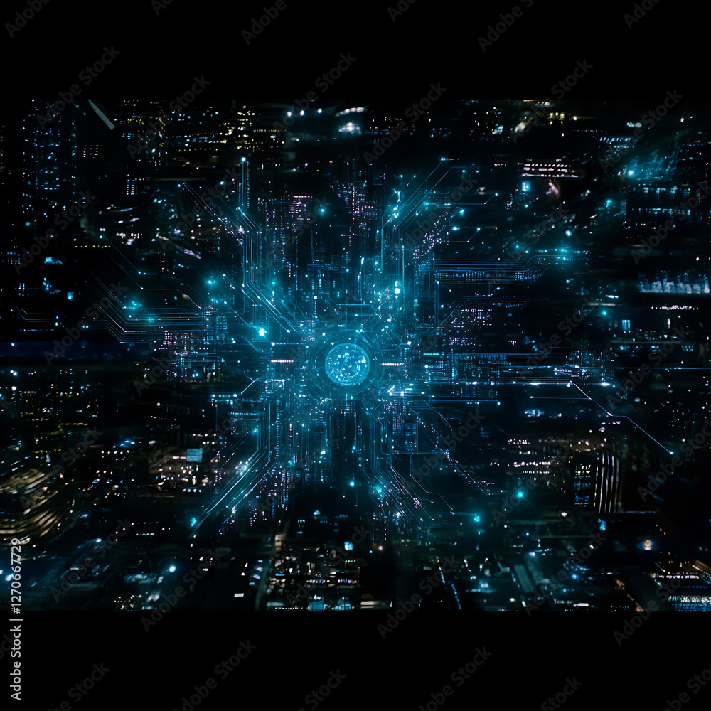 Poster futuristic cityscape neural network interface connection hub urban core digital data visualization