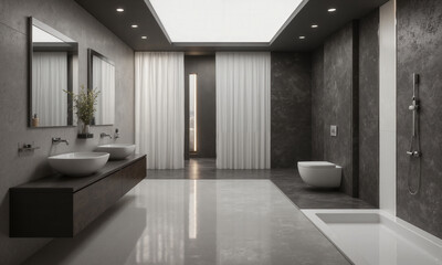 Futuristic bathroom in soft charcoal, featuring smart mirrors that offer skincare advice based on real-time analysis and AI-powered showers that