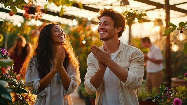 A joyful couple celebrating in a sunlit outdoor venue