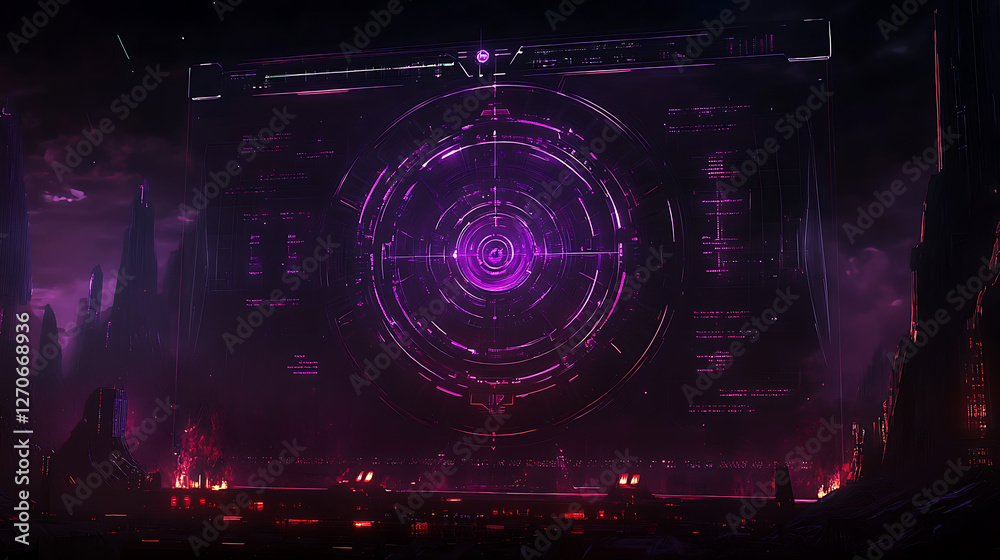 Poster futuristic cityscape with centralized virtual interface displaying complex data analytics