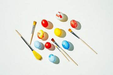 Brightly colored Easter eggs and paintbrushes create festive atm