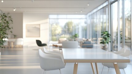 Fototapeta premium Bright modern office interior with white table and chairs, large windows, and plants.