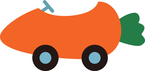 Obraz premium Cute carrot shaped toy car. Easter element. Flat vector stock illustration. Transparent background.