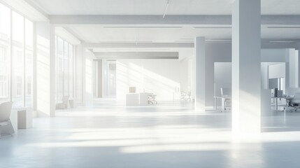 Fototapeta premium Sunlit minimalist modern open plan office space with white walls, large windows, and sleek furniture.
