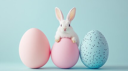 Fototapeta premium Cute bunny perched on pastel eggs exudes spring joy and festive