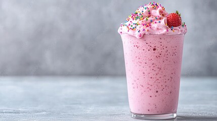 Pink Strawberry Milkshake on Light Gray Surface