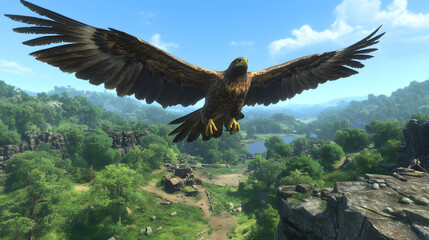 Majestic Eagle Soaring Over Lush Green Landscape with Blue Sky