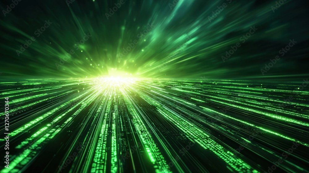 Poster a vibrant digital landscape with green light beams and binary code, symbolizing data flow and techno