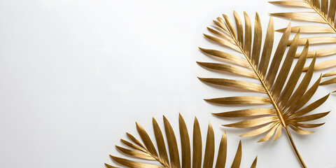 Artistic and luxurious gold tropical leaves scattered on a crisp white surface for a modern vibe