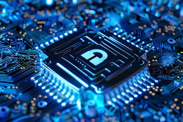 Secure Encryption Process on Computer Hardware with Circuit Board Design and Futuristic Technology in Blue Lighting