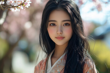Naklejka premium Beautiful Woman in Kimono Smiling Under Cherry Blossoms