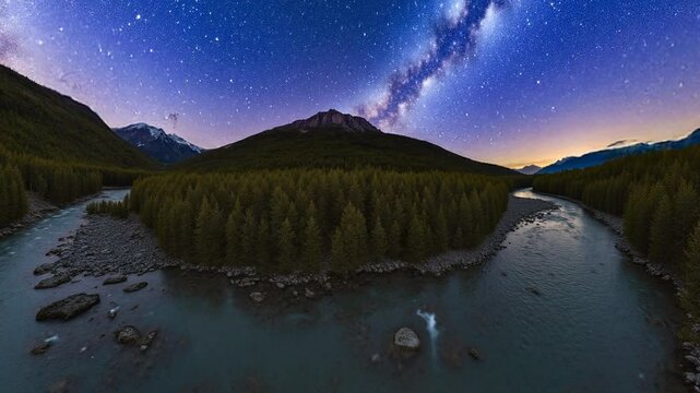 Milky way arc over mountain river in the middle of the forest on a long exposure - 360 loop video