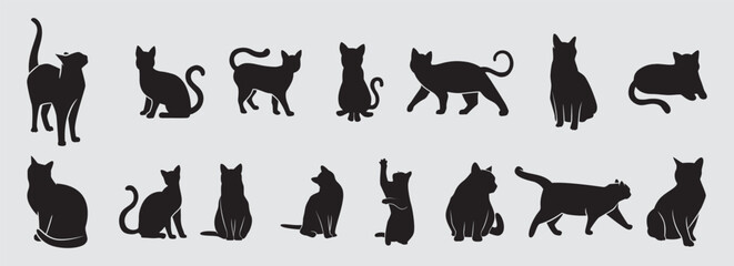 Set silhouette of cat isolated on gray background	