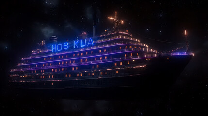 Obraz premium Futuristic Cruise Ship HOB KUA Illuminates the Starry Night Voyage Beneath Celestial Sky Glimmer