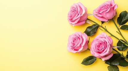 Fototapeta premium Minimalistic and simple pink roses elegantly positioned on the right side of a yellow background, ideal for modern aesthetic designs.