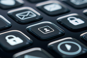 Close-up view of touchscreen smartphone icons including email, lock, and user profile on glossy black surface