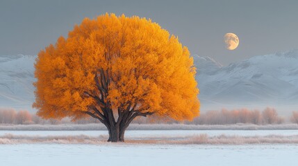 Golden tree, winter landscape, full moon, snowy mountains