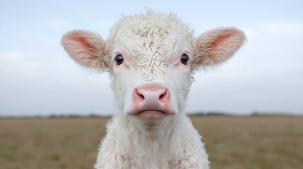 Obraz premium Fluffy white calf stares, rural field background. Use farm animal imagery