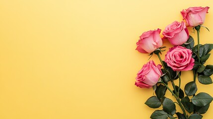 Fototapeta premium Minimalistic and simple pink roses elegantly positioned on the right side of a yellow background, ideal for modern aesthetic designs.