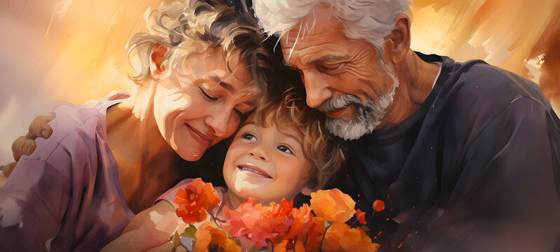 image of grandparents hugging their first-born granddaughter, ai generation