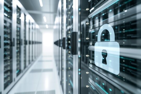 Secure Server Rack with Padlock Symbol in a Data Center Featuring Modern Technology for Cybersecurity and Information Protection