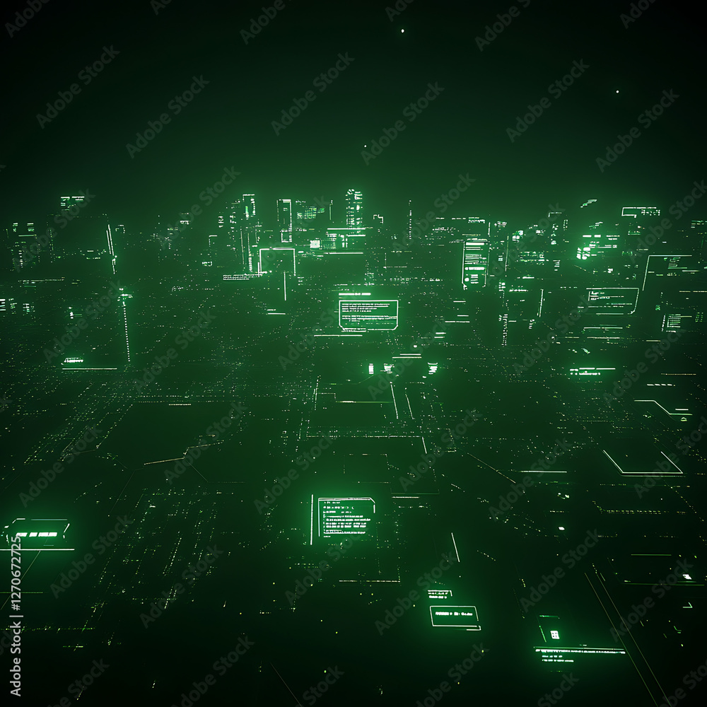 Poster futuristic cyberpunk cityscape interface showing network data streams and green glowing code structu