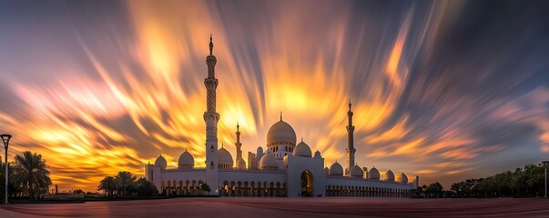 Obraz premium Grand mosque stands bathed in golden light at twilight