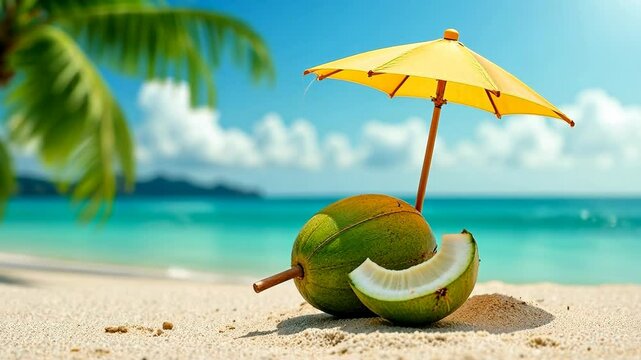 coconuts under an umbrella on a beach surrounded by palm trees