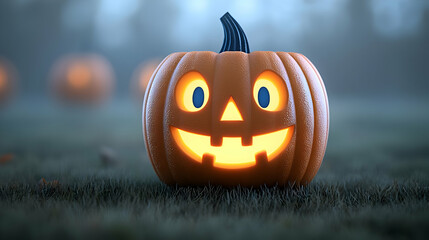 Obraz premium Glowing jack-o'-lantern pumpkin with a happy carved face sits on a grassy field at dusk during Halloween.