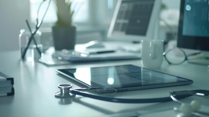 Modern Medical Workspace Featuring Tablet and Stethoscope on Desk
