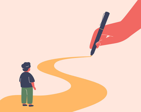 Adults hand drawing pathway for baby boy. Parent influence on child development and future. Parental control and support for growth and education of kid. vector
