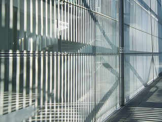 Mesh structure of building with thin metallic lines creating dynamic light and shadow play
