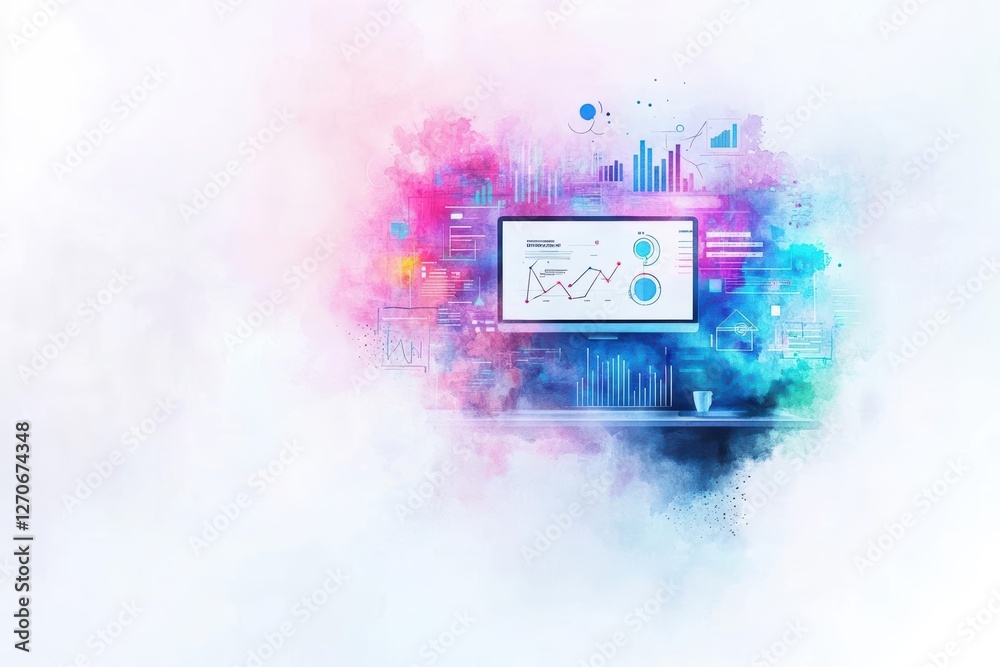 Poster vibrant laptop displaying colorful background with dynamic graph illustration representing data anal