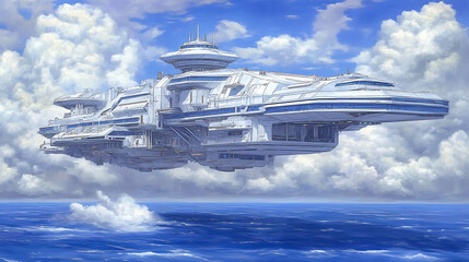Futuristic Flying Palace in the Sky A Vision of Tomorrow Above the Ocean with Clouds Scenery